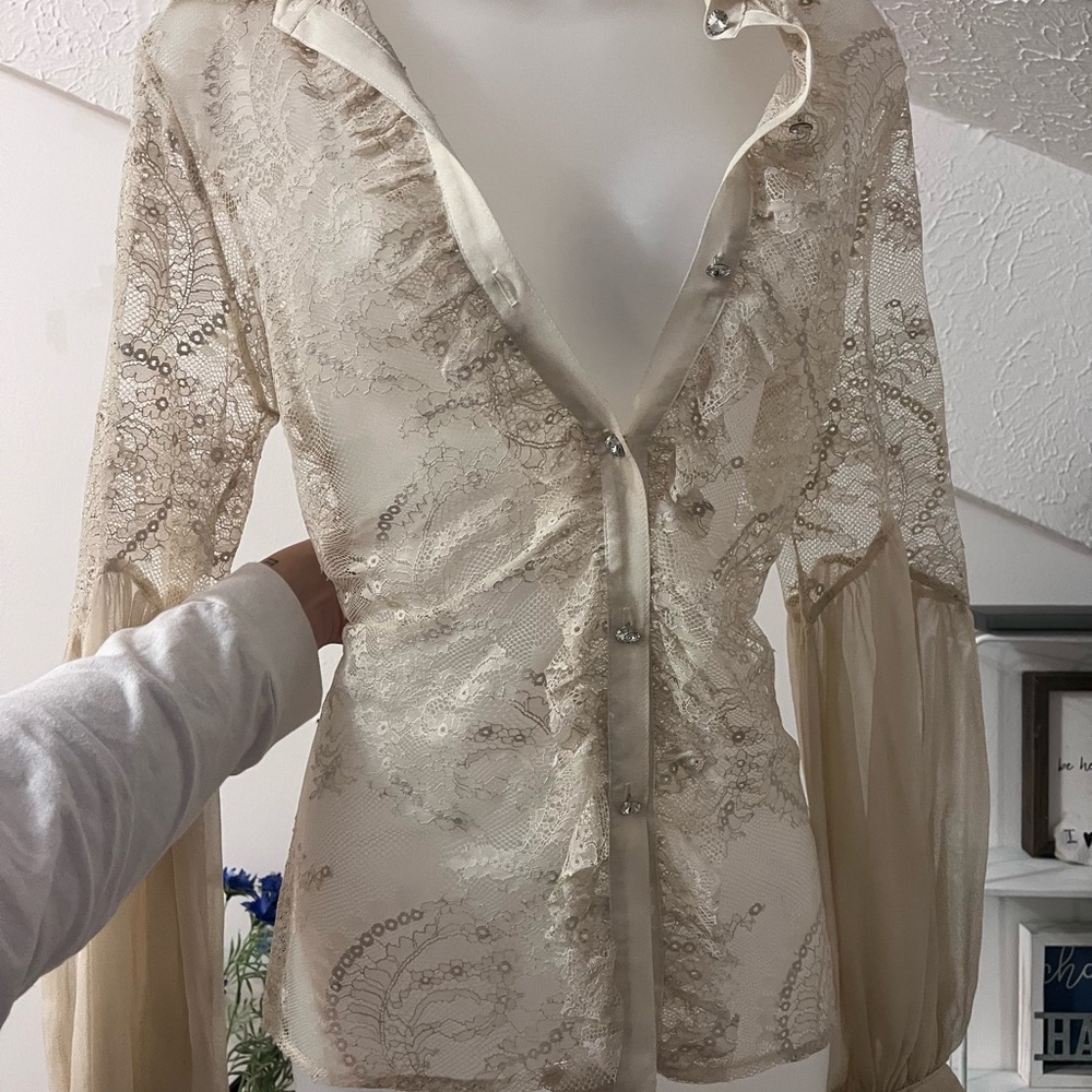 ABS Allen Schwartz Lace Top in Cream and Gold